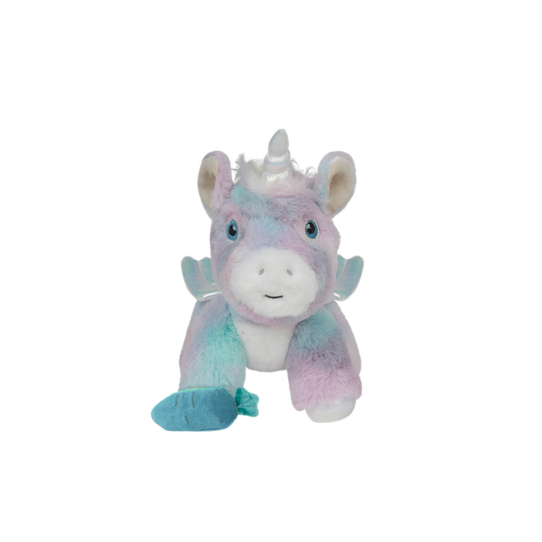 Rainbow plush unicorn toy with carrot