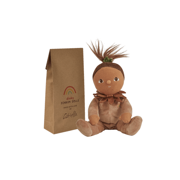 An adorable acorn plush doll from the Dinky Dinkums Forest Friends collection, perfect for snuggling and imaginative play. Collectable, soft and cuddly woodland toy, ideal bedtime companion for toddlers.