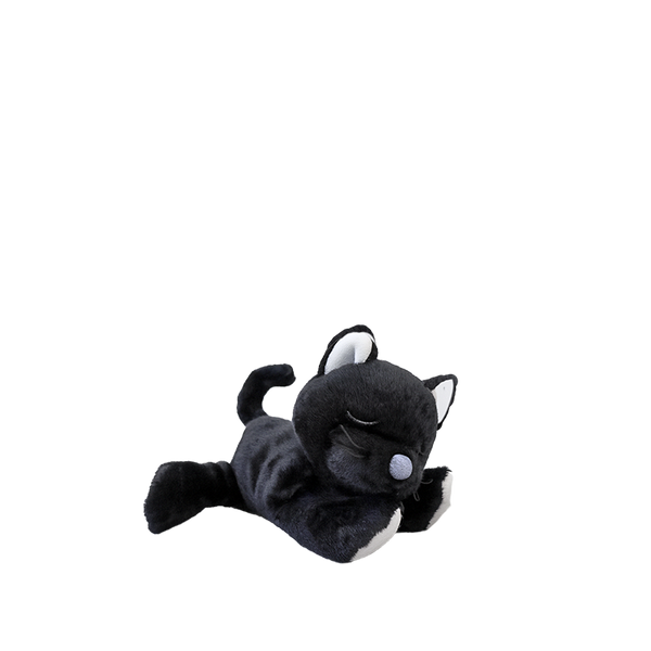 Black and white plush toy on a white background