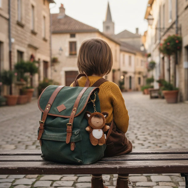 Person sitting on a bench with a green backpack and teddy bear keychain in an old town setting