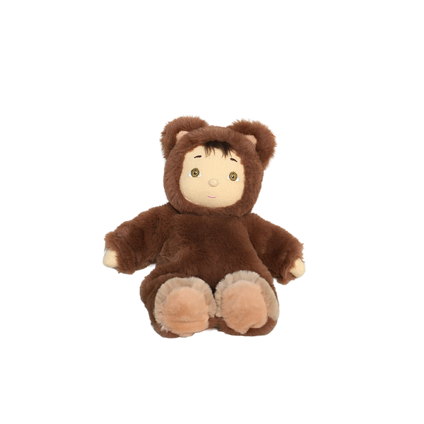 Plush toy in a brown bear costume on a white background