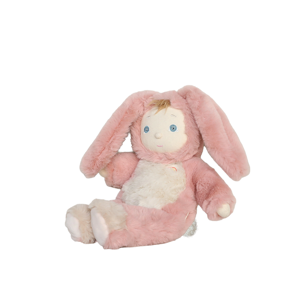 Pink plush bunny toy with white paws on a white background