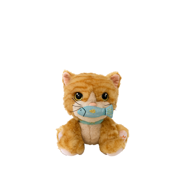 Plush toy cat with a blue fish on a white background