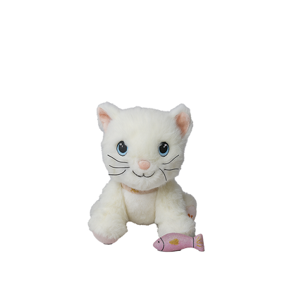 White plush cat toy with a pink fish on a white background