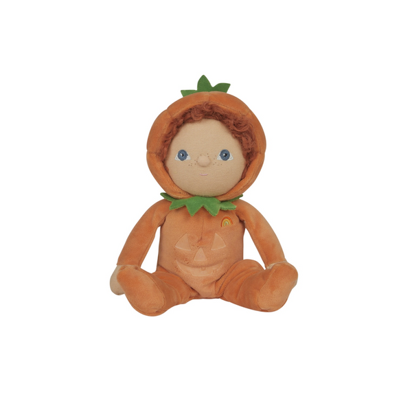 Plush toy dressed as a pumpkin on a white background