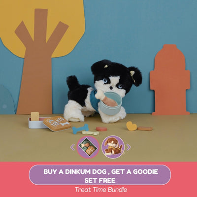 Stuffed dog toy with a bowl of treats in a playful setting with trees and a house.