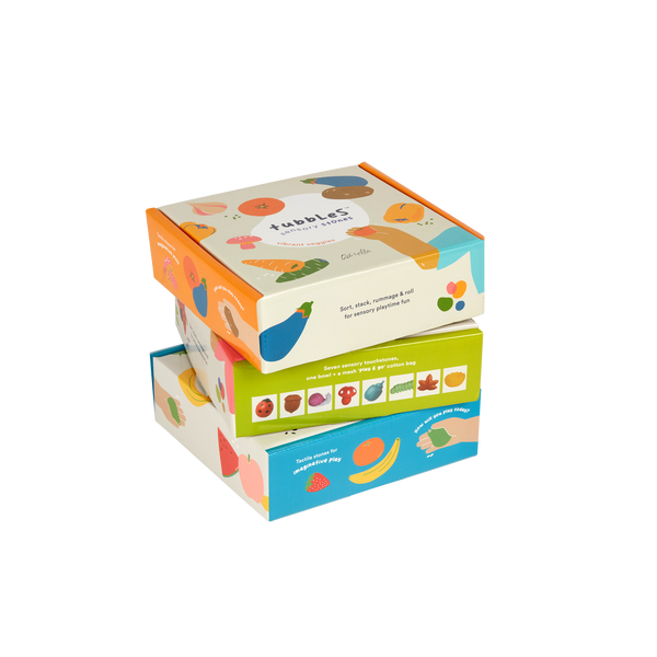 Olli Ella Tubbles Sensory Stones Vibrant Veggies packaging stacked