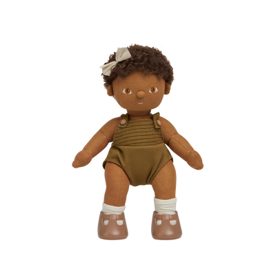 Brown afro haired, posable doll for kids. Snuggle them, dress them up and style their hair. Each Doll comes with its own removable gender-neutral outfit, socks, nappy, and shoes, perfect for interactive doll play.