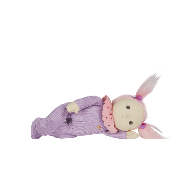 Clara Cupcake, our pink and purple corduroy mini plush toy. Collectable, Soft and cuddly, and snuggled in a non-removable velvet onesie, Clara Cupcake is a must have in your toy collection.