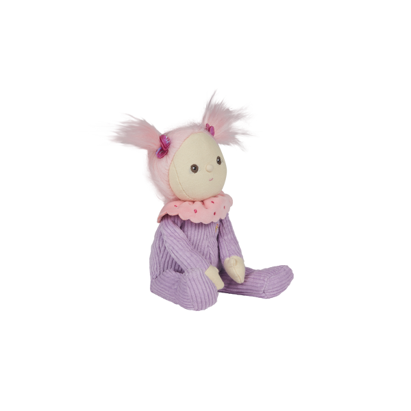 Limited-edition, palm sized, collectable corduroy kids plush toy. Clara Cupcake is a pink and purple weighted plush toy in a velvet onsie, perfect for imaginative kids play.