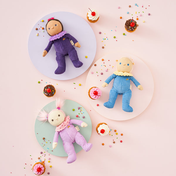 Clara Cupcake, our pink and purple corduroy mini plush toy. Collectable, Soft and cuddly, and snuggled in a non-removable velvet onesie, Clara Cupcake is a must have in your toy collection.