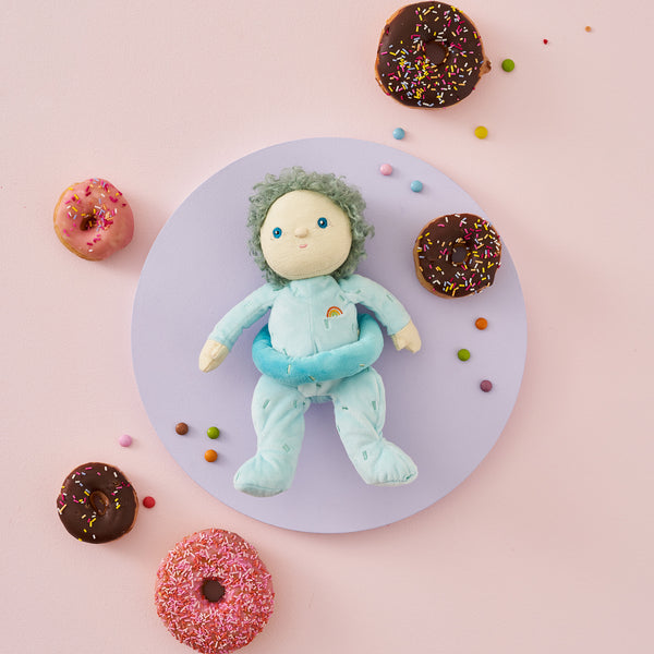 Limited-edition, palm sized, collectable kids plush toy. Franny Frosting is a blue weighted plush toy in a velvet onsie, perfect for imaginative kids play.