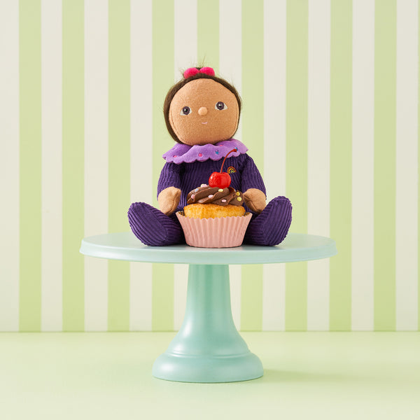 Limited-edition, palm sized, collectable corduroy kids plush toy. Freya Fondant is a purple weighted plush toy in a velvet onsie, perfect for imaginative kids play.