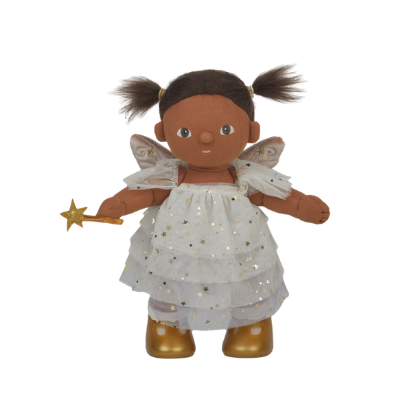 doll wearing white and gold fairy costume