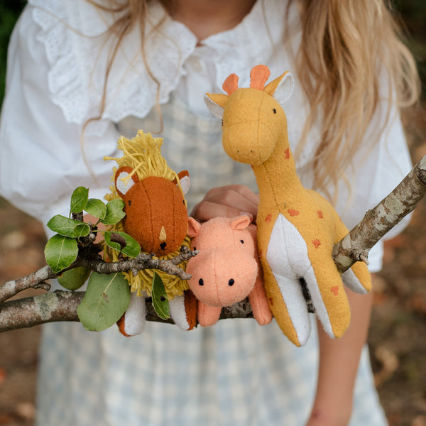 Palm-sized felted safari animal toys. These 3 african animal toys make wonderful prompts for hours of imaginative play. Lion toy, Hippo toy and Giraffe toy.