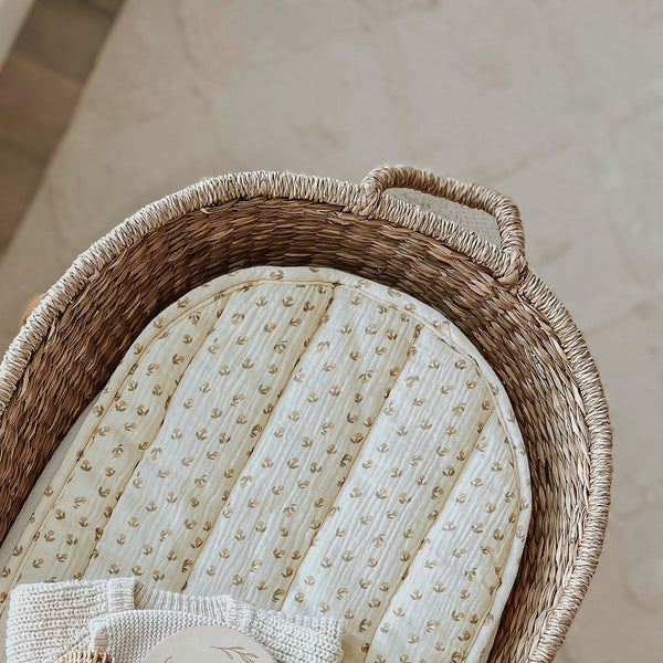 Organic cotton mushroom printed baby changing basket liner. Gender-neutral water-resistant liner mat for baby basket.