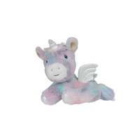 Rainbow plush unicorn toy with carrot