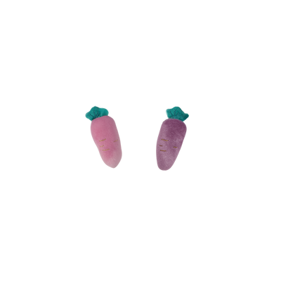 Two purple carrot-shaped toys with green tops on a white background