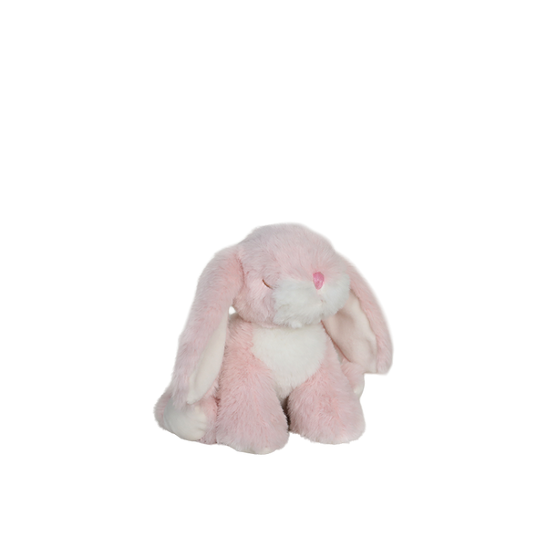 Pink plush bunny toy on a white background