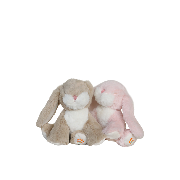 Two plush bunny toys, one brown and one pink, on a white background