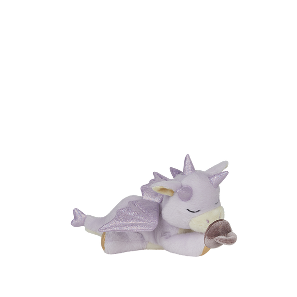 Plush dragon toy with purple wings and a lavender body on a white background