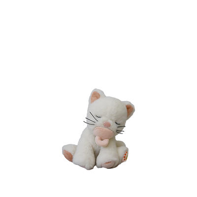 White plush cat toy with pink accents on a white background