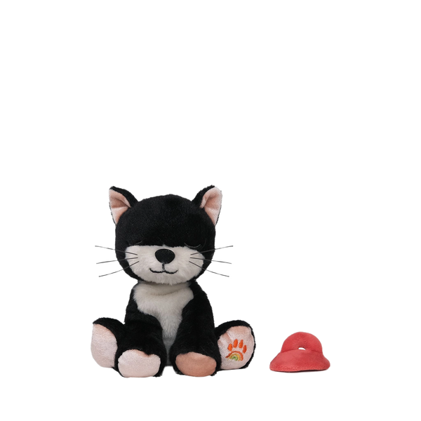 Black and white cat-shaped plush toy with a red toy attached on a white background