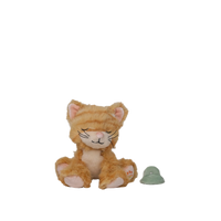 Plush cat toy with a green hat on a white background