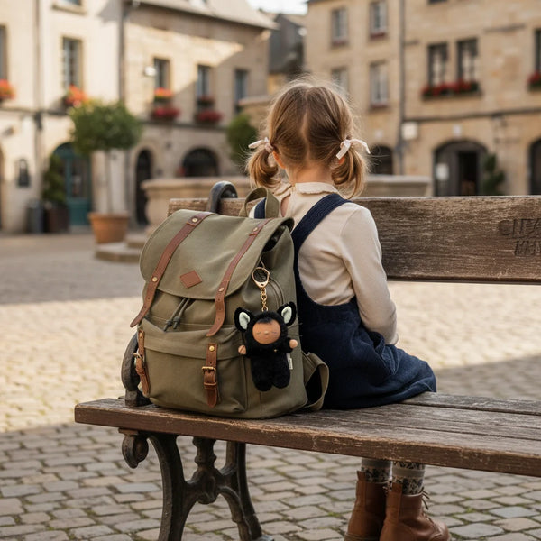 Child with a backpack sitting on a bench in an old town square