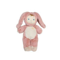 Pink plush toy with bunny ears on a white background