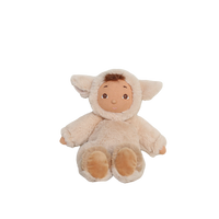 Plush toy lamb with a baby face on a white background