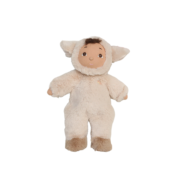 Stuffed toy dressed in a lamb costume on a white background