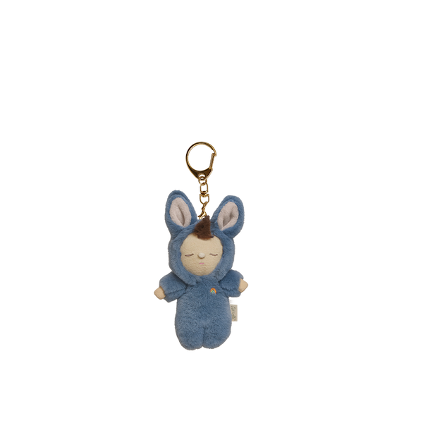 Blue plush keychain with a sleeping baby design on a white background
