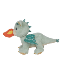 Plush dragon toy with green wings and orange flame on a white background