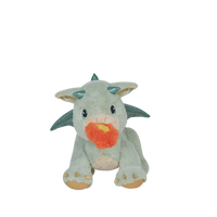 Plush toy dragon with green body, flame on mouth, and beige feet on a white background