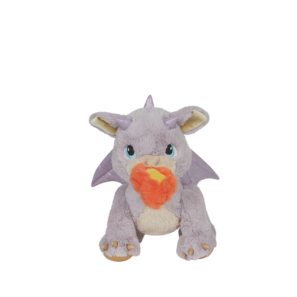 Plush toy dragon with a purple mane on a white background