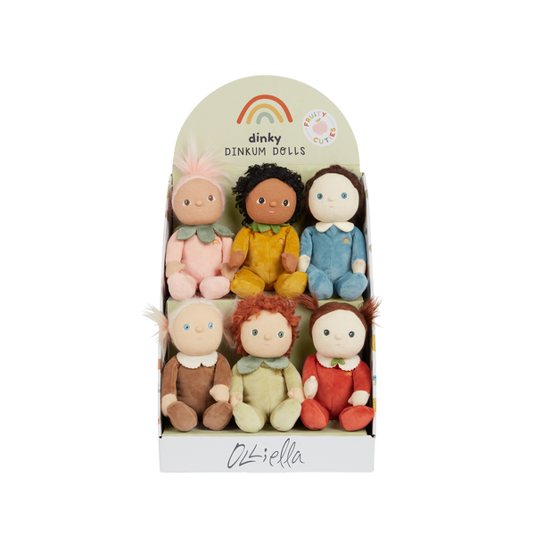 6 pack of fruit themed palm-sized plush dolls. Collectable set of fruit inspired plush toys.