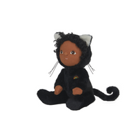 Stuffed toy in a black cat costume on a white background