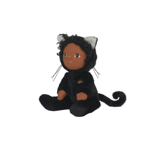 Stuffed toy in a black cat costume on a white background