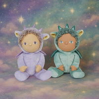 Two plush toys, one in a purple outfit and the other in a green outfit, against a starry sky background.