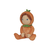 Plush toy of a baby in a pumpkin costume on a white background