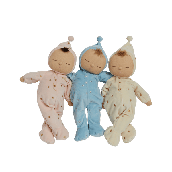 Blue posable plush doll suitable from birth. The Lullaby Leo includes a pompom on their bonnet that plays a sleepy tune when pulled. 