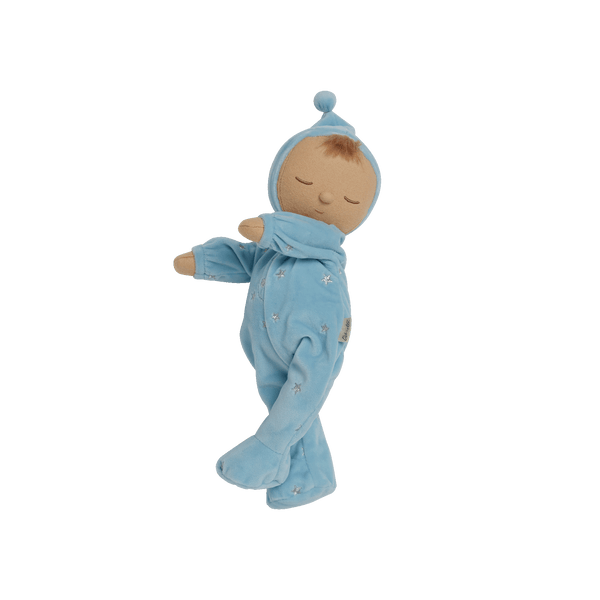 Beautiful baby blue plush doll, posable and perfectly weighted for calm. The Lullaby Leo includes a pompom on their bonnet that plays a sleepy tune when pulled. This doll is suitable from birth.
