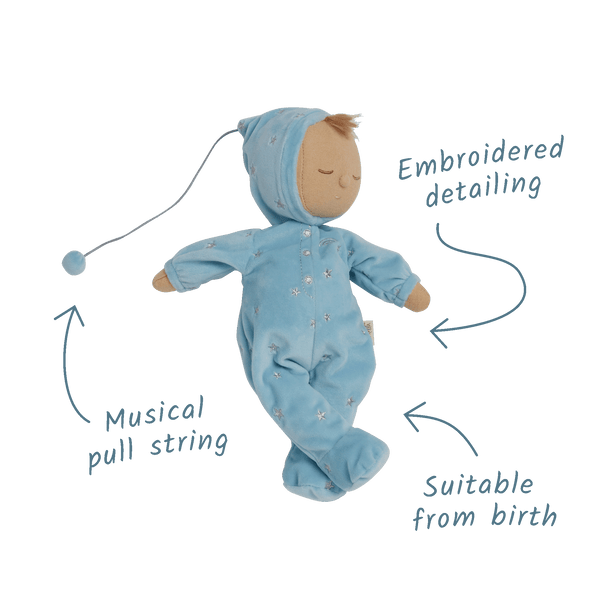 Blue posable plush doll suitable from birth. The Lullaby Leo includes a pompom on their bonnet that plays a sleepy tune when pulled. 