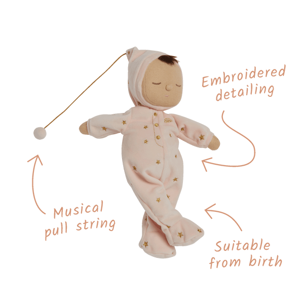 Pink posable plush doll suitable from birth. The Lullaby Luna includes a pompom on their bonnet that plays a sleepy tune when pulled. 