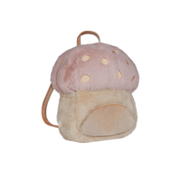 Mushroom-shaped backpack with pink cap and beige stem on a white background