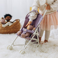 Olli Ella purple doll pram for kids toys. For use with our posable dinkum dolls and matching changing bag and mat for imaginative doll play.