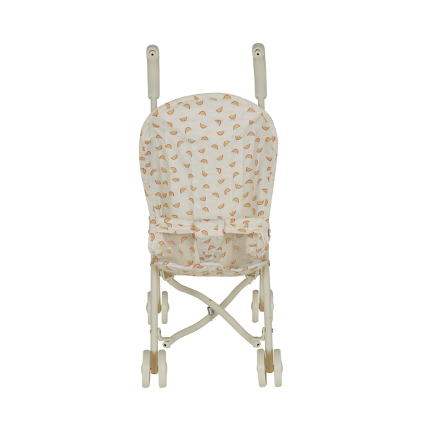 Small white stroller with rainbow patterns on a white background