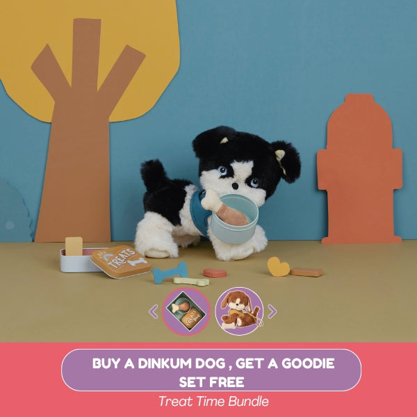 Stuffed dog toy with a bowl of treats in a playful setting with trees and a house.