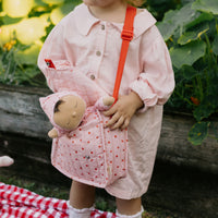 Olli Ella pink strawberry print Doll changing mat and bag with matching dozy doll for kids imaginative play.